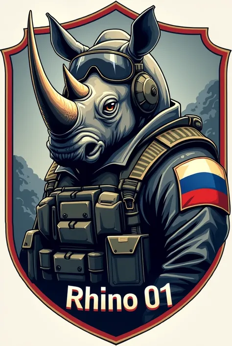 Create a military emblem of a rhinoceros dressed as an aviator and its name is rhino -01 that on the shoulders has a patch with the flag of Honduras