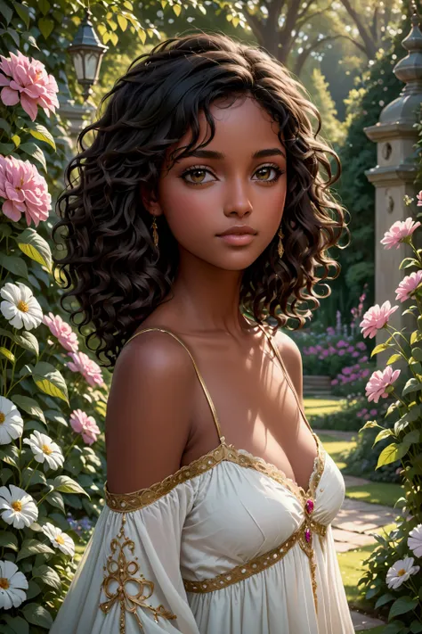 The image shows a young woman with a soft expression and a slight smile.. She has dark skin and curly black hair., that are voluminous and frame your face in a natural and graceful way. 
She is standing in the background in a princess style garden.