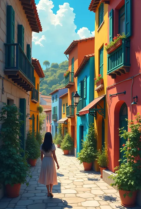  In this section the girl may explore the small town on the island.. This space, with its narrow streets and colorful houses, It could be full of details that contrast with the solitude of the cemetery and the intimacy of the hotel.. The village could symb...