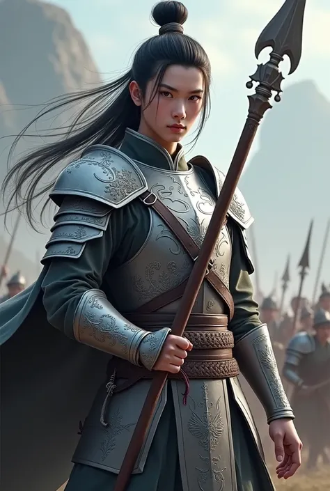 zhao yun，Young general in white，holding a silver spear，States at war，all-body，posture of fight，silver head&#39;shoulder protector，Silver Orc Breastplate，Silver Orc Hip Armor，clearing, delicate and beautiful facial features，A pair of killer eyes，The face is...