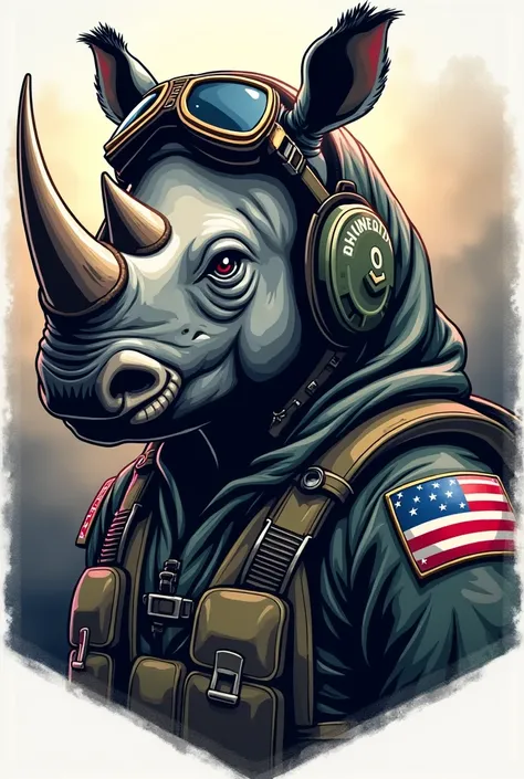 Create a military emblem of a rhinoceros dressed as an aviator and its name is rhino -01 that on the shoulders has a patch with the flag of Honduras