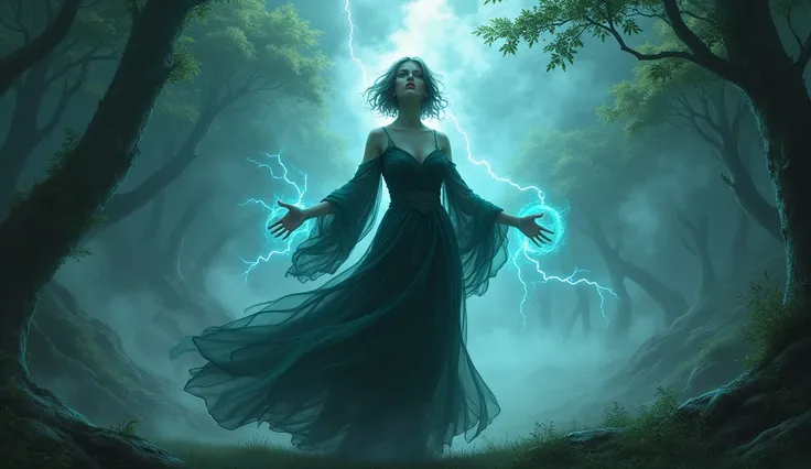 Wallpaper of a very beautiful witch standing in forest facing towards camera with short open hair and open arms getting power from the sky. Very dense and heavy smoke and lighting strikes in the background.  