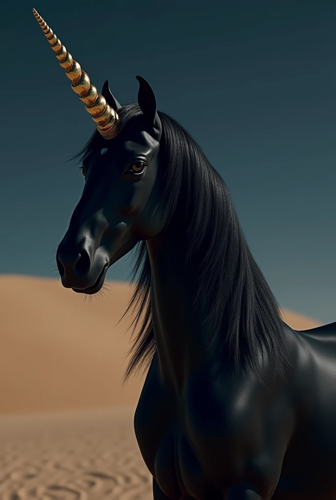 realistic photo of a black unicorn mythological horse being with a horn on its forehead, Big and imposing, standing at night , in the middle of a desert of clear sands, he with black and shiny fur, its horn looks real and organic. the lighting done directl...