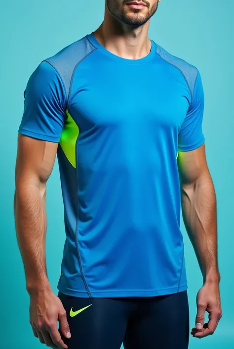 Electric blue sports t-shirt, with green and yellow highlights 
