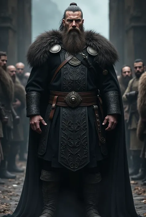 A Viking Jarl, bearded man dressed in black with a large and muscular build, attractive and with the bearing of a king