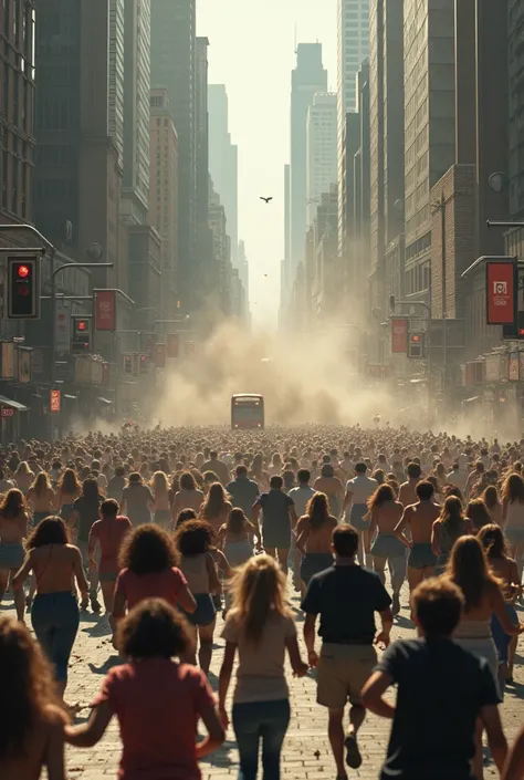 People running in a chaotic city