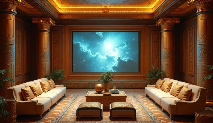 Create a highly detailed and immersive living room inspired by ancient Egyptian mythology. The room should feature rich Egyptian motifs, such as hieroglyphics, ornate columns, and golden accents. Include furniture that reflects the grandeur of ancient Egyp...