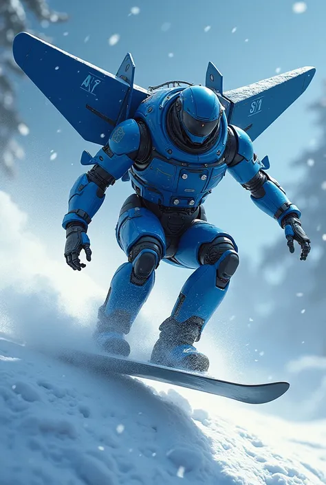 theme:Snow Scenery.   sexy massive blue android, robot, big backpack with (wide jet wings:1.4), Performing acrobatics on a snowboard in cyberpunk style, (snow splash:1.3), sparkling and snow storm background, in Space War, dildo toy, vibrator, handcuffs, l...