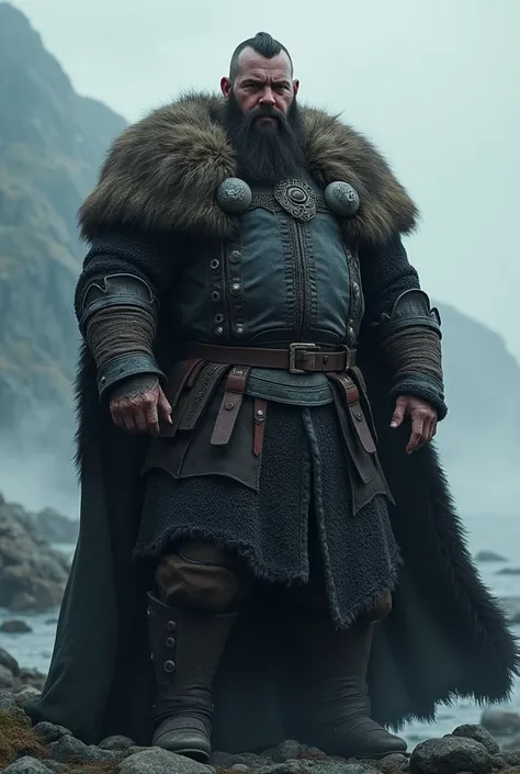 A Viking Jarl, bearded man dressed in black with a large, muscular build, attractive and with the bearing of a king and short hair