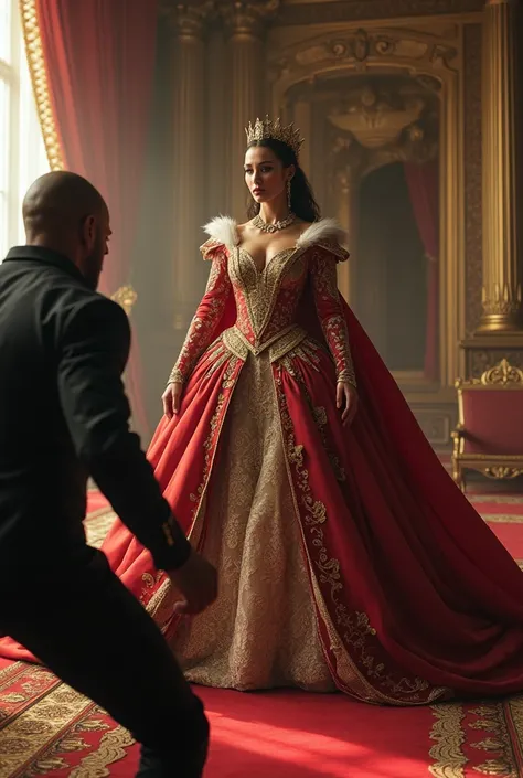 A queen in a huge dress and a man invaded in front of her 
