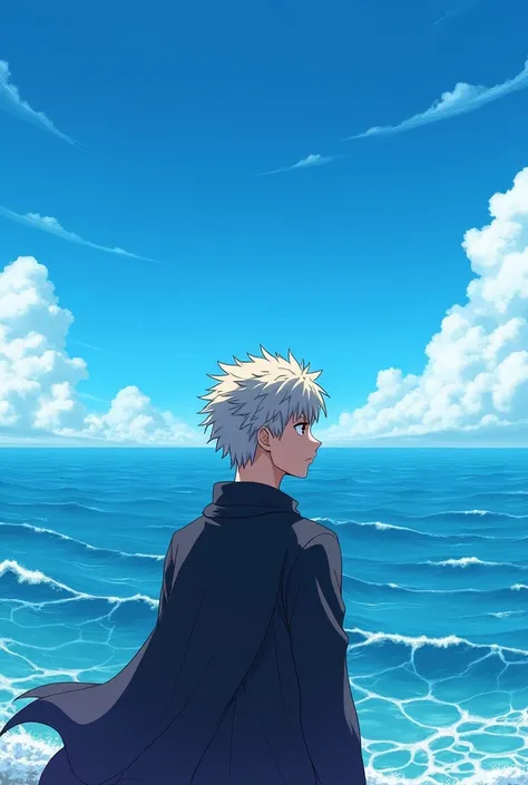 Create a book cover sized drawing of the Jujutsu Kaisen anime character named Yuta looking out at the sea with the cloudless blue sky