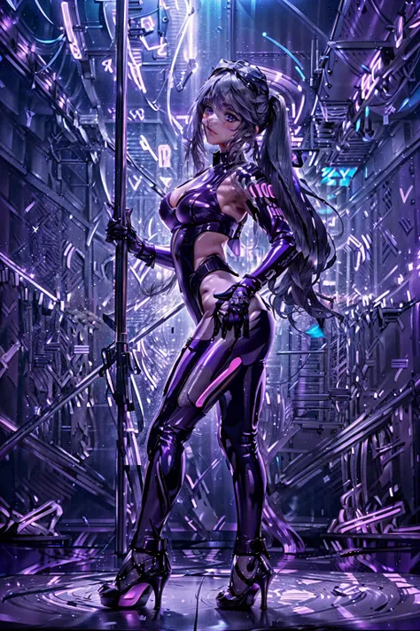 1female, solo, i:p masquerena, long dark gray hair, twintails, purple eyes, purple latex bodysuit, on stage, neon nightclub back...