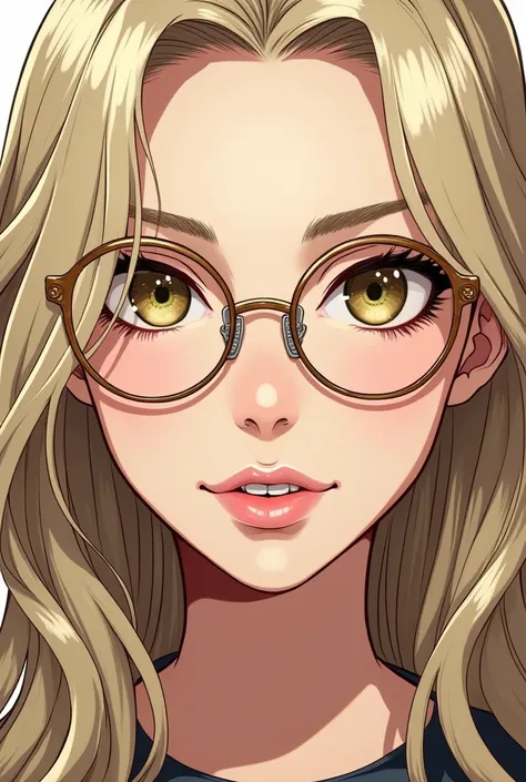 Style manga, une femme de 30 ans, blanche avec les yeux ambres dont des touches de verts. Elle est blonde foncé avec des mèches plus claires. Les cheveux sont longs et lisses. Elle porte des lunettes arrondies dorées. Elle a un nez fin et des lèvres fines ...