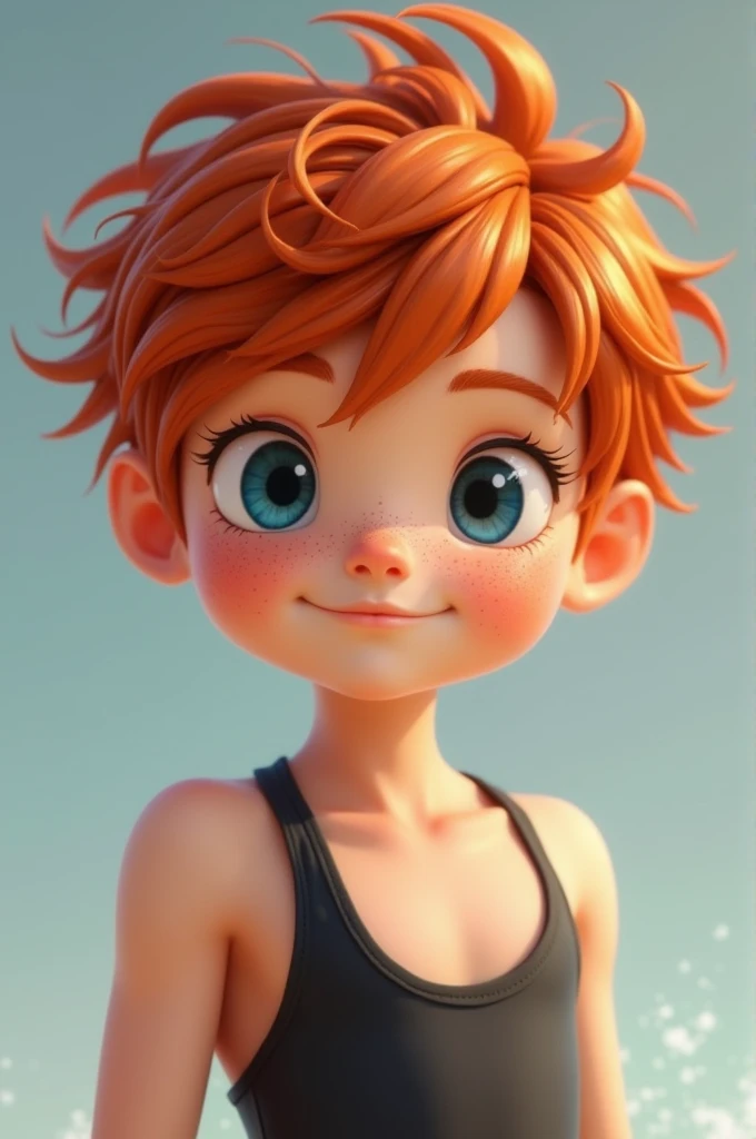 Little red-haired boy with freckles and blue eyes in black swimwear 
