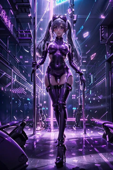 1female, solo, i:p masquerena, long dark gray hair, twintails, purple eyes, purple latex bodysuit, on stage, neon nightclub back...