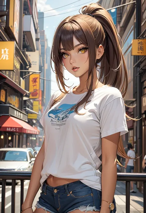 ((best quality)), ((Masterpiece)), (details), Young woman, Medium bust, brown hair, yellow eyes, ((long hair, ponytail)), handsome face, (Tanned skin:1.3), Long eyelashes, Thick eyelashes, T-shirt and jeans shorts , city