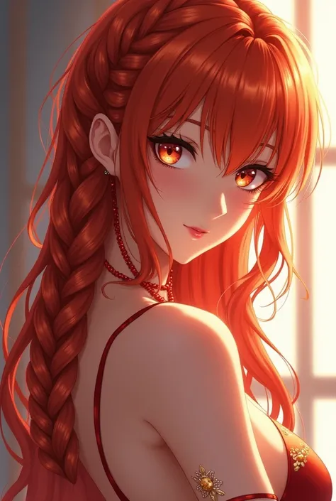 An anime drawing of a beautiful gorgeous sexy woman with redish braided hair