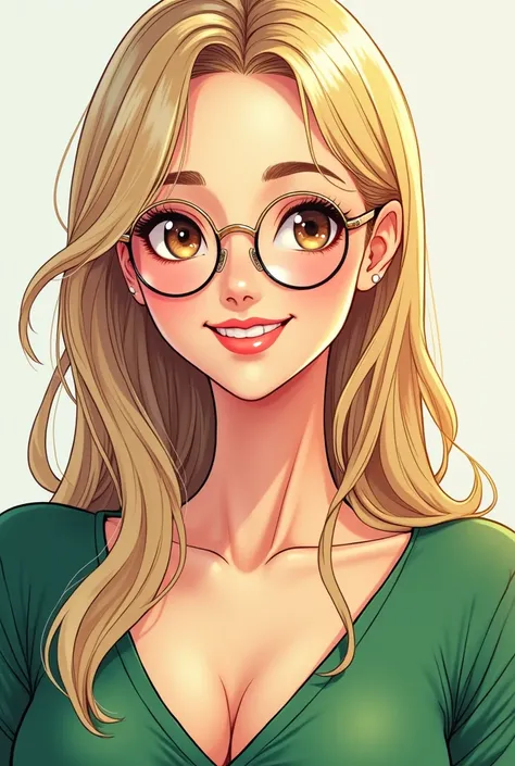 Style manga, A 30 year old woman, white with brown eyes. She is blonde with lighter highlights. The hair is long and straight. She wears gold rounded glasses.. She has a thin nose and full lips.. She is smiling and wearing a green top.. Elle est extraverti...