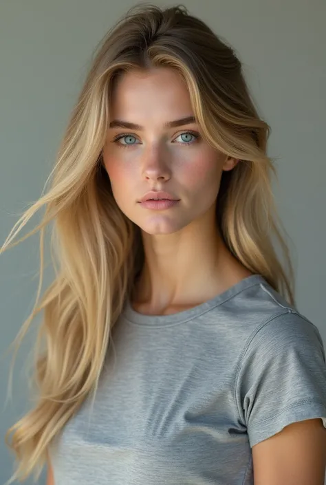 Blonde woman in plain gray combed cotton t-shirt