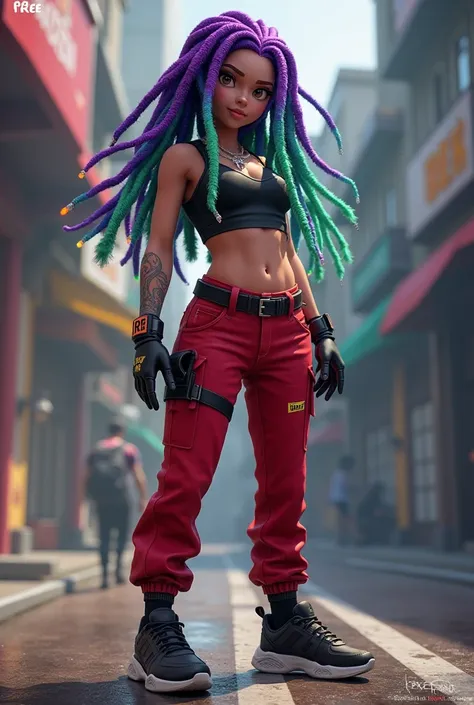 Female Free Fire style character, I have Dread hair with purple and green color, com cropped preto, red pants and black sneakers