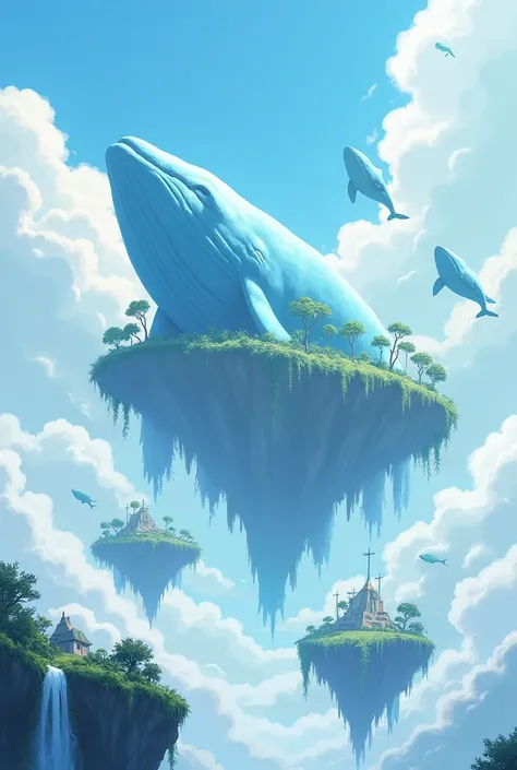 Draw in A4 size, a fantastic and surreal scene in a sky full of clouds. At the center, a huge blue whale floats with others in the background. Around her, several floating islands covered in vegetation suspended in the air, each with gently falling waterfa...