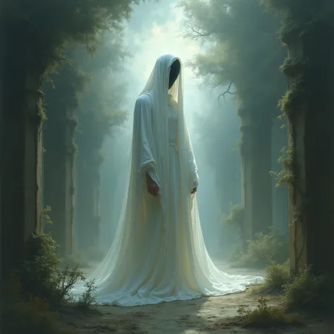 Visualizing the Spectral Diagram, Symbolizing death, Dressed in flowing white clothing. The background is a surreal landscape of the natural world, Distorted Architecture, Create an eerie atmosphere. This figure and his surroundings have an eerie surrealis...