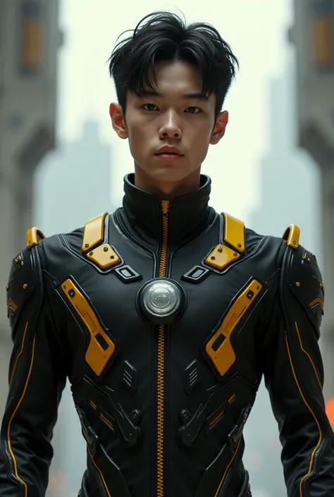 Teenage young man in black and yellow technological clothing with button in the middle of the clothing 
