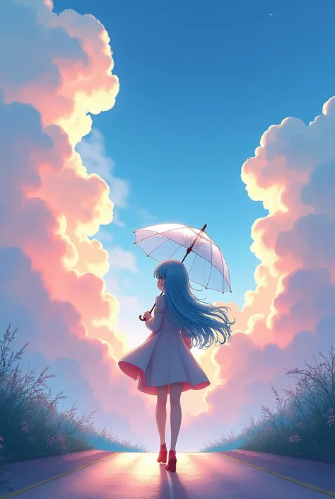  Ai animated Beautiful female character who is walking at the side of road with his transpirant umbrella see the   beautiful clouds in multi colour  in front of camera
 photos and take one photo  in front of camera wearing 
winter season  clothes and blue ...