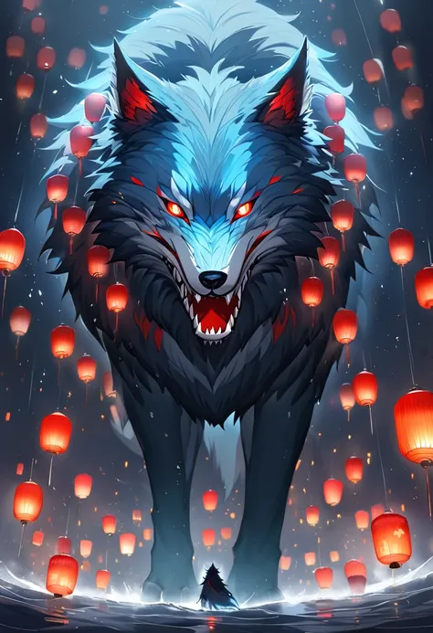 A giant wolf made of pure darkness, with glowing red eyes that float like lanterns in a black fog. Their teeth are translucent and shine an icy blue hue.