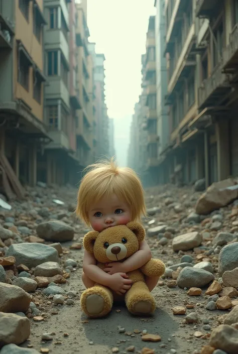 A desolate metropolis ravaged by nuclear devastation lies in ruin as a tiny, golden-haired teenager clutches a worn teddy bear for comfort amidst the rubble. The once-familiar streets now scarred and twisted, a poignant contrast to the tender grasp of yout...