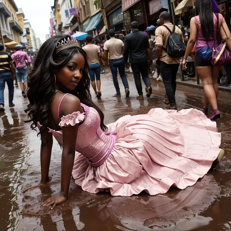 (in a crowded city street) a beautiful ebony princess wearing a pink fantasy renaissance festival dress falls into a muddy puddle