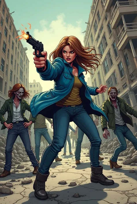 Comic strip of woman in blue jacket using gun in zombie apocalypse