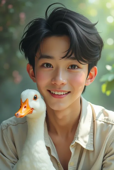 Create a profile picture for a youtube channel of a Japanese guy who has a pet white duck