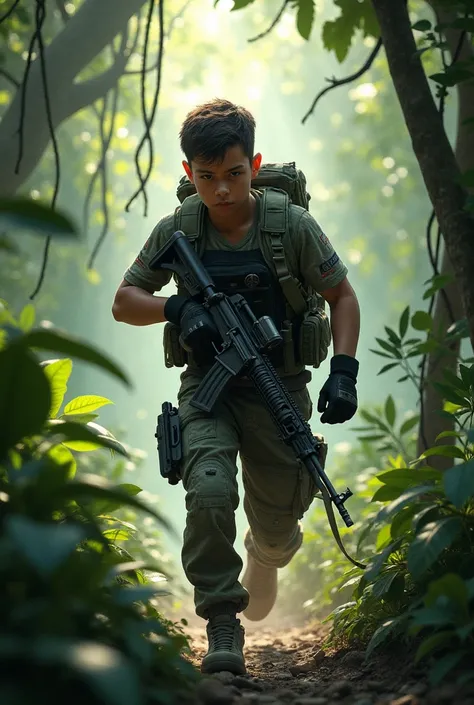 A young mercenary walking in the jungle 