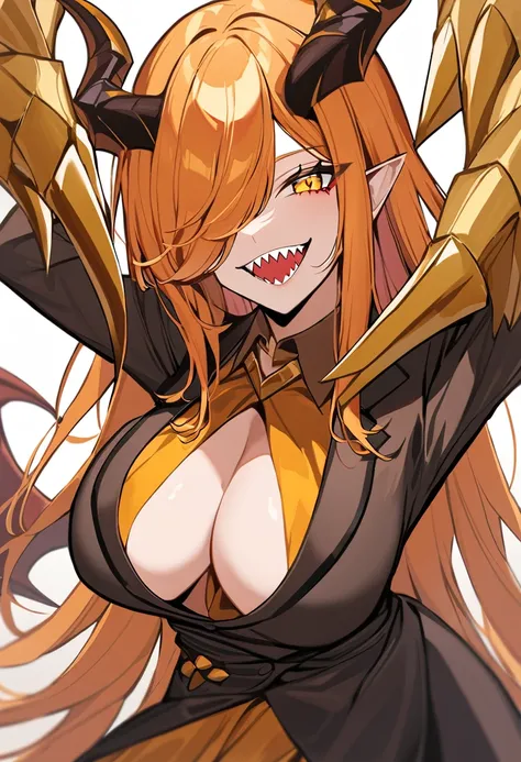 Woman with orange hair down to her waist, with bangs covering one eye, smiling full of sharp teeth, Eyes seductive, golden colored eyes, breasts big, suit with neckline, e saia sexy. Large horns and claws with demon ears.