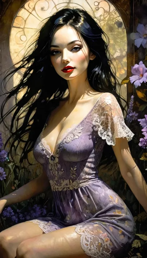 1 sexy girl, long black hair, lavender, nude, open legs,pussy,spread her pussy,cum , medium breasts, lace dress, grabs her breasts with her hands, shows her breasts, smile, flower garden, full body, sitting, mountains in the distance, light particles , (de...