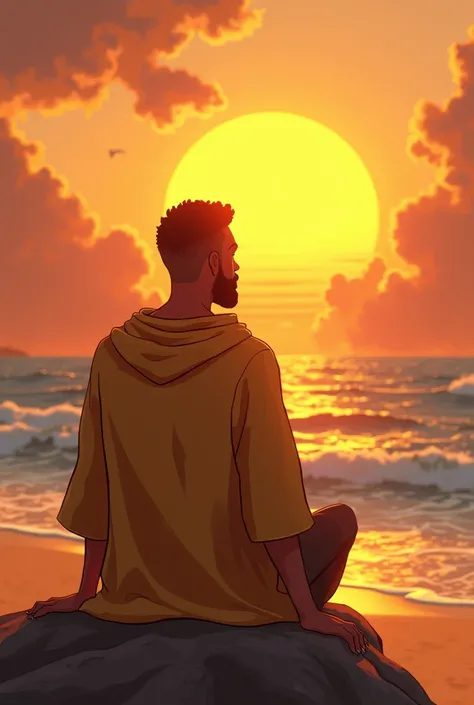 black man wearing gold and yellow and white clothes sitting looking at a sunset view on a beach showing the landscape and his entire body, image style animation