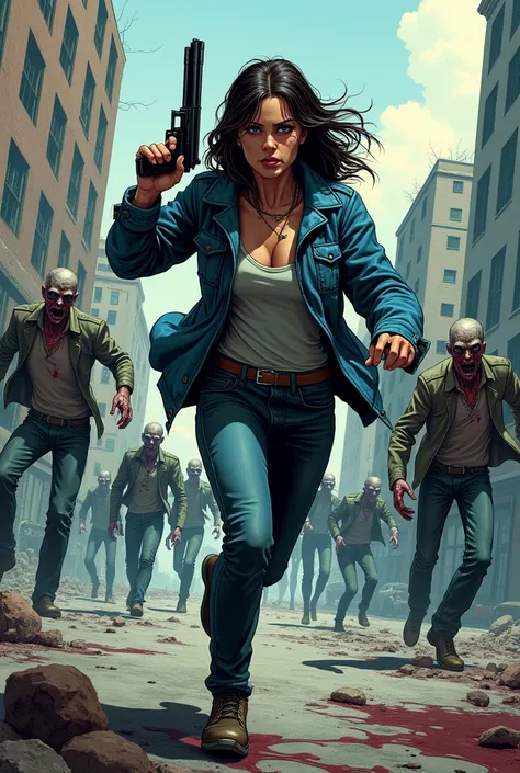 Comic strip of woman in blue jacket holding gun running in zombie apocalypse