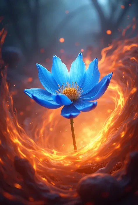 Create me the image of a blue flower surrounded by fire  