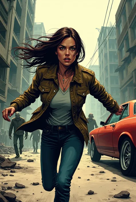 Comic strip of woman in jacket running to car in zombie apocalypse