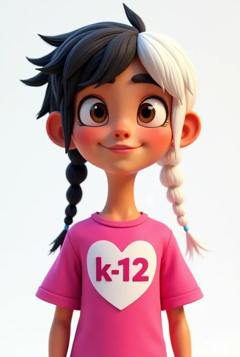 Gender:male Skin:Clear Eyes:brown Style:2D Cartoon Hair:hair parted in the middle with one side black and one side white, in addition a braid on each side with the respective color of the hair side Body:high Clothes:a hot pink shirt with light pink puff sl...