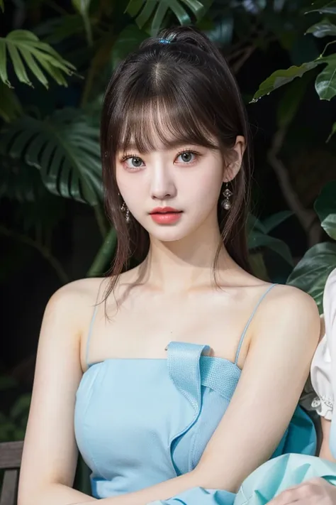 a close-up of a woman in a blue dress sitting and green natural eyes., lalisa manobal, lalisa manoban of blackpink, ruan jia bea...