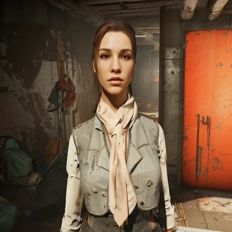 There is a woman in a vest and tie standing in a room, female main character, Styling for Fallout 4, female character, Gordon Freeman as a woman, Adventurer of the 40s, in the nuclear wasteland, solo female character, diesel punk woman, screenshot of &#39;...