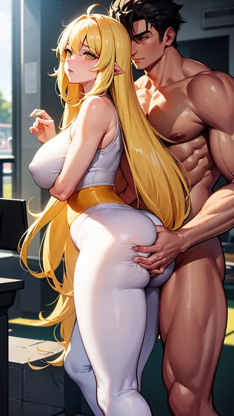 Highest quality, Huge breasts, Very curvaceous,  Long blonde hair, Yellow Eyes, Lewd, Improve, Fuller lips, Fascinating, Gym, White clothes, yoga pants, Gym, White clothes, pants, Handsome young man standing behind a girl, Touching Man , , Sex, having Sex,...