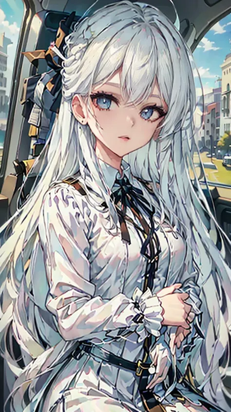 The anime is not a good choice, 1 girl, bee, abundant white hair, long bangs,  2 white horns, large circle lenses, white beret on head, sales, sky blue eyes, top gris, Short negro, black lace-up sneakers, SERIOUS LOOK, concerned