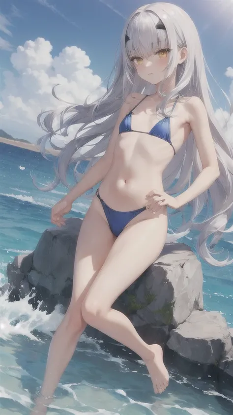 Silver hair, golden eyes, flat chest，slim figure，Blue swimsuit，Bare waist，Bare Legs，barefoot，Sunlight，Sea