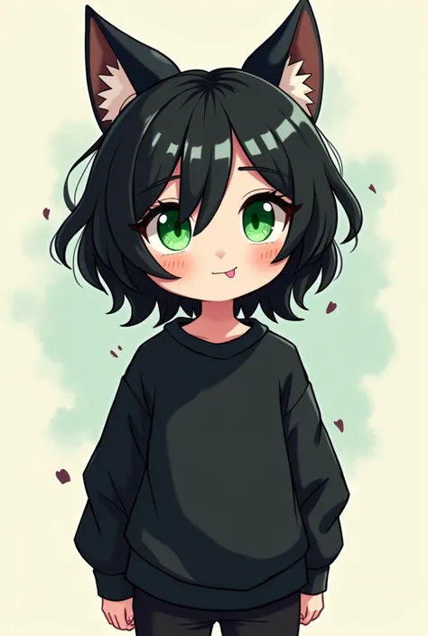 Cartoon drawing with green eyes, cat ears, black sweatshirt and black hair on half of the body