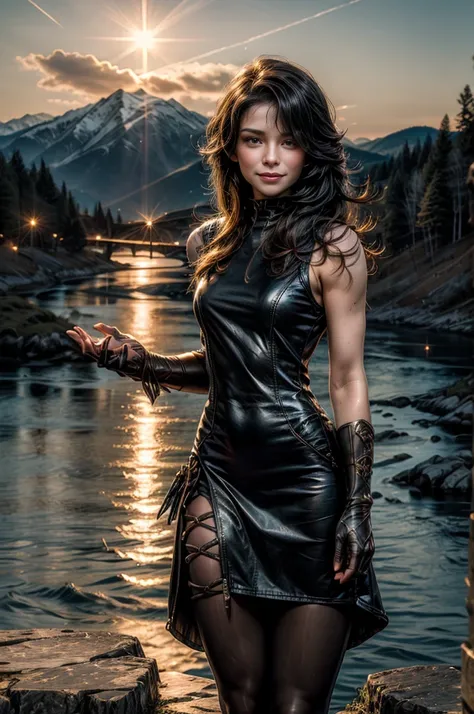 (masterpiece, best quality:1.2), cowboy shot, solo, 1girl, cinder fall, evil smile, looking at viewer, long hair, black dress, sleeveless jacket, elbow gloves, pantyhose, outdoors, standing at wedding reception, on mountainside, overlooking valley, river, ...