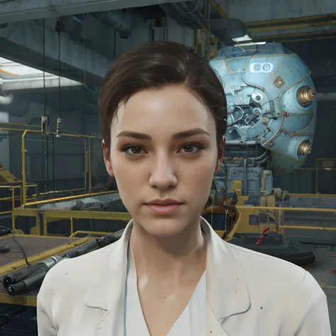 There is a woman in a white lab coat standing in a room., Gordon Freeman as a woman, Perfect human female specimen, cyber penguin in fallout 4, cybernetic machine female face, realistic restored face, elite scientist, female character, Styling for Fallout ...