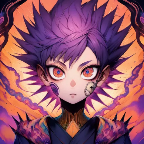 a close up of a cartoon boys face, short purple black fade hair, symmetrical sticker design, shikamimi, official artwork, ed repka, bad acid trip, short spiked hair, law - alligned, deviant, studio orange, leblanc, large eyes, fiberpunk